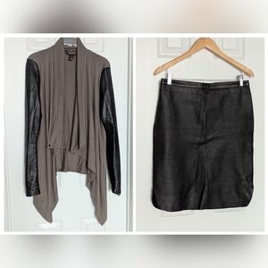 Danier Women's 2-Piece Set - Open Waterfall Cardigan & Leather Midi Pencil Skirt